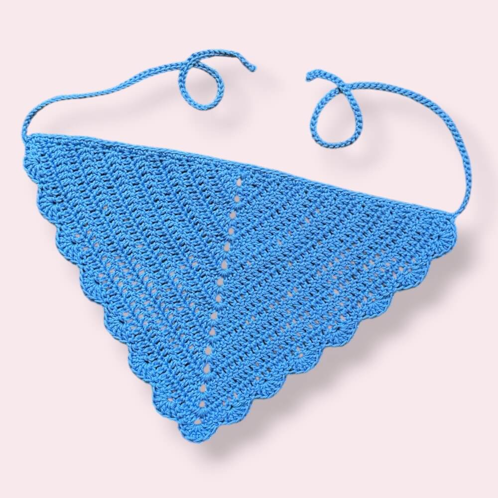 Blue crochet hair bandana on plain background