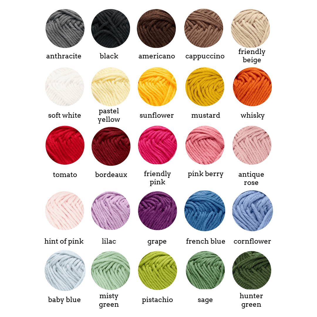 Color swatches of yarn with labels on a white background
