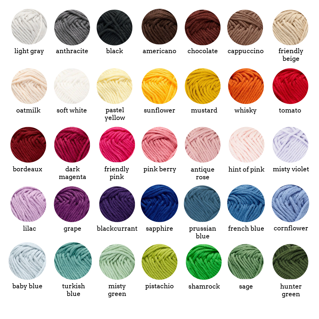 Color swatches of yarn with names labeled below each color sample