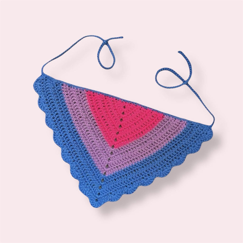 Crochet bandana in bi pride colors on plain background