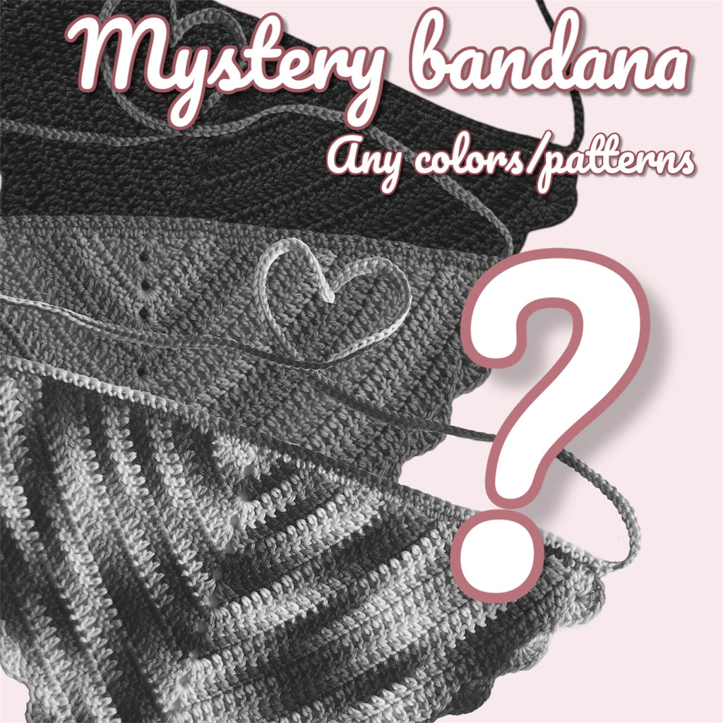 Gray bandana with heart design and question mark on pink background, text 'Mystery bandana Any colors/patterns'.