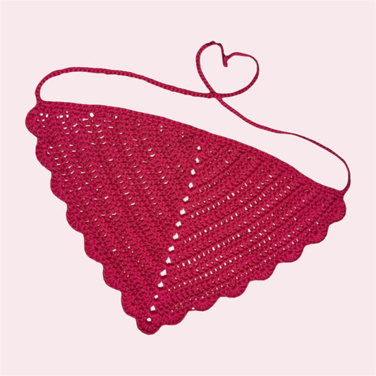 Hot pink crochet cotton hair bandana flatlay on pink background