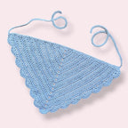 Light blue crochet hair bandana on plain background