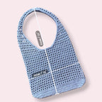 Light blue crochet mesh tote bag with measurements on plain background