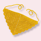 Mustard yellow crochet hair bandana on plain background