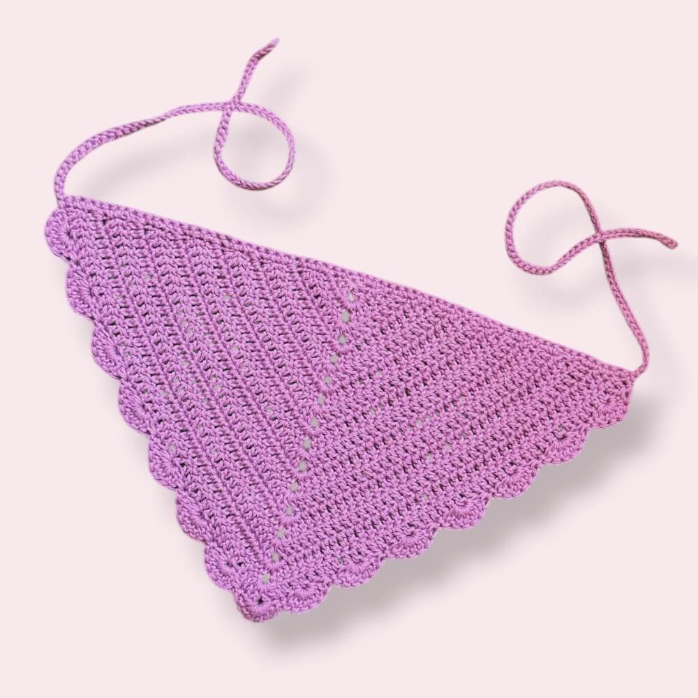 Purple crochet hair bandana on plain background