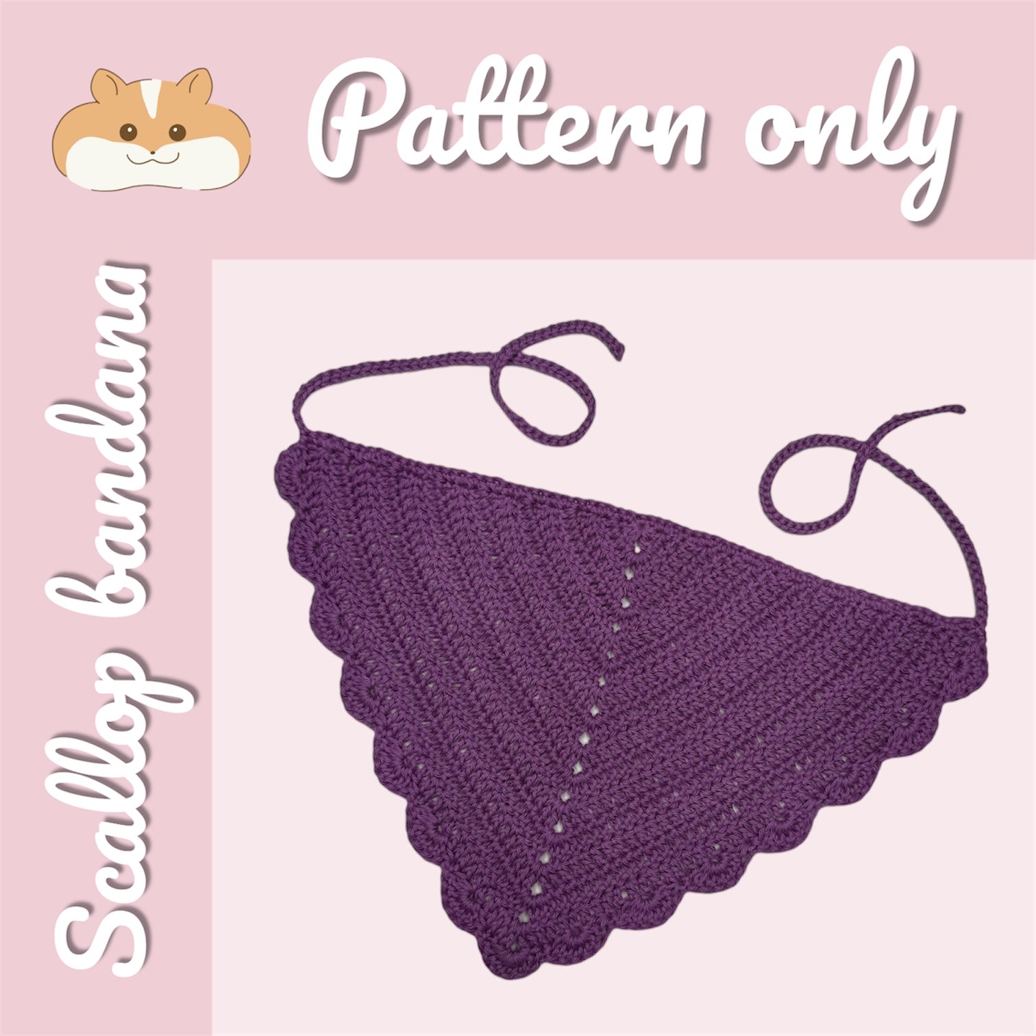 Purple scalloped bandana on a pink background with 'Pattern only' text.
