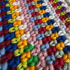 Up close texture shot of multicolor crochet purse