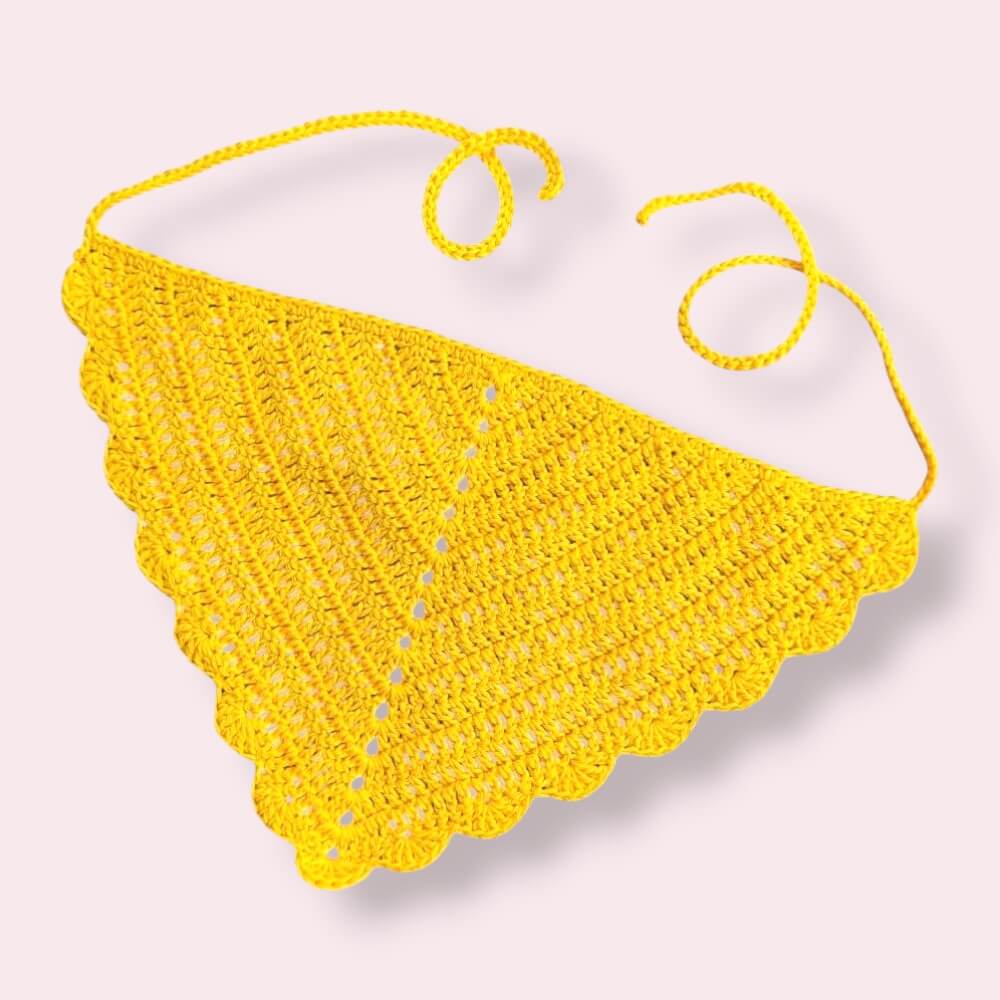 Yellow crochet hair bandana on plain background